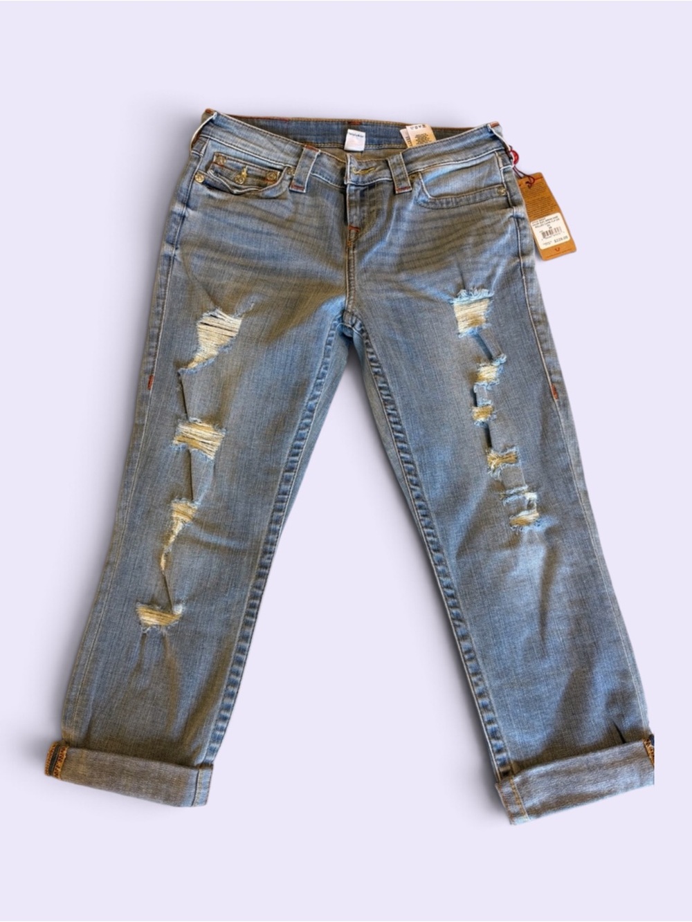 True Religion Distressed Rolled Capri Jeans - Spring Daze Blue-size 29
